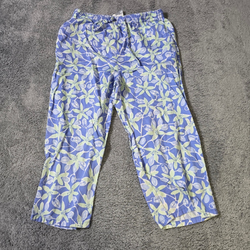 Lilly‎ Pulitzer Girls 14 Pajama Pants Blue Green Floral Cotton Crop Drawstring